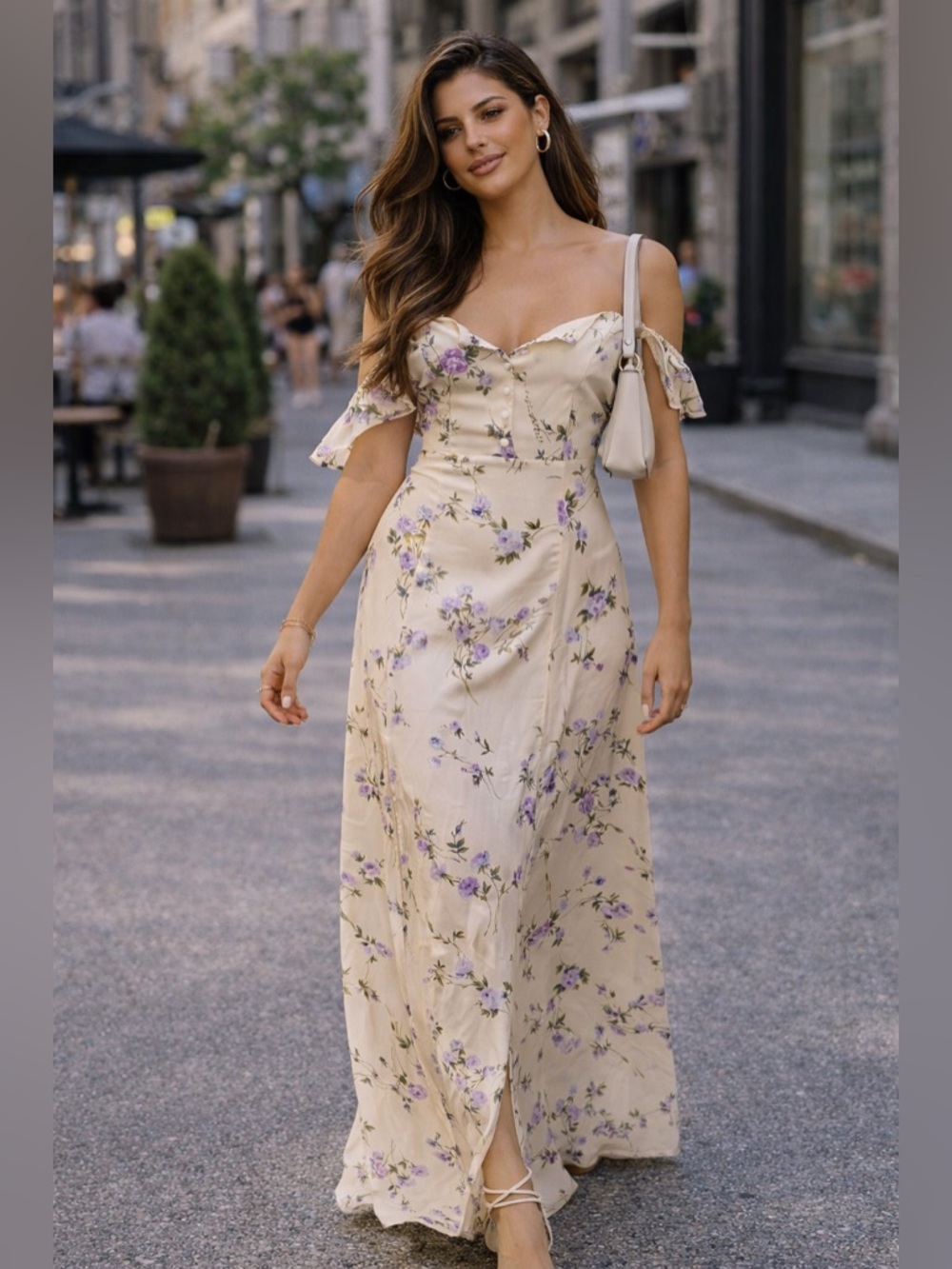 Flynn Skye Yellow Cream Floral Maxi Dress Off Shoulder Slit Boho Luxe NWT L